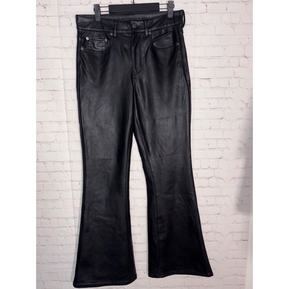 American Eagle Super Hi-Rise Flare Faux Leather Pants Black Womens 8 Regular
